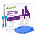 Verpackung des simpleVet Parvovirus-Schnelltests mit zwei Testkassetten, Proberöhrchen, Kotsammlern und Nitrilhandschuhen