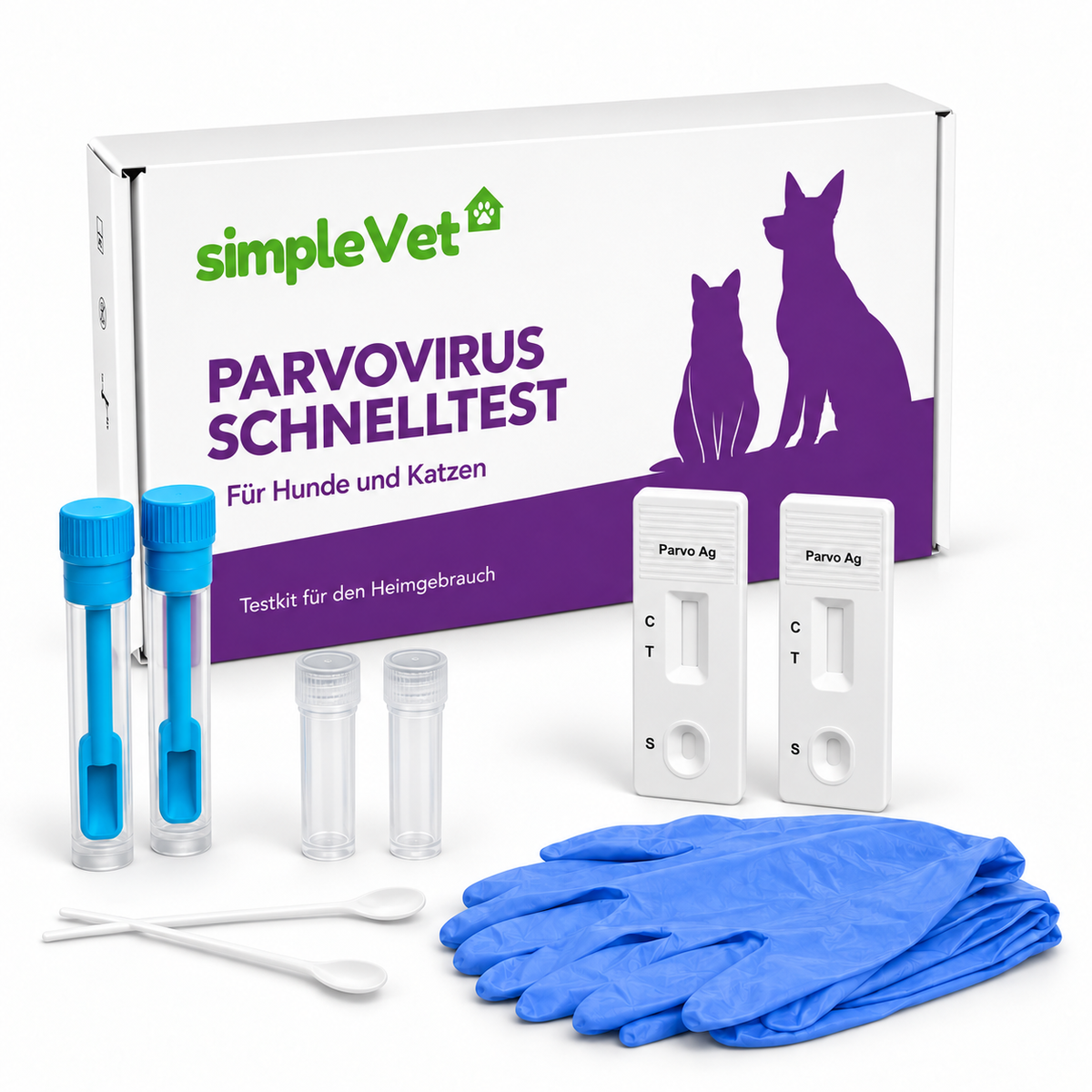 Verpackung des simpleVet Parvovirus-Schnelltests mit zwei Testkassetten, Proberöhrchen, Kotsammlern und Nitrilhandschuhen
