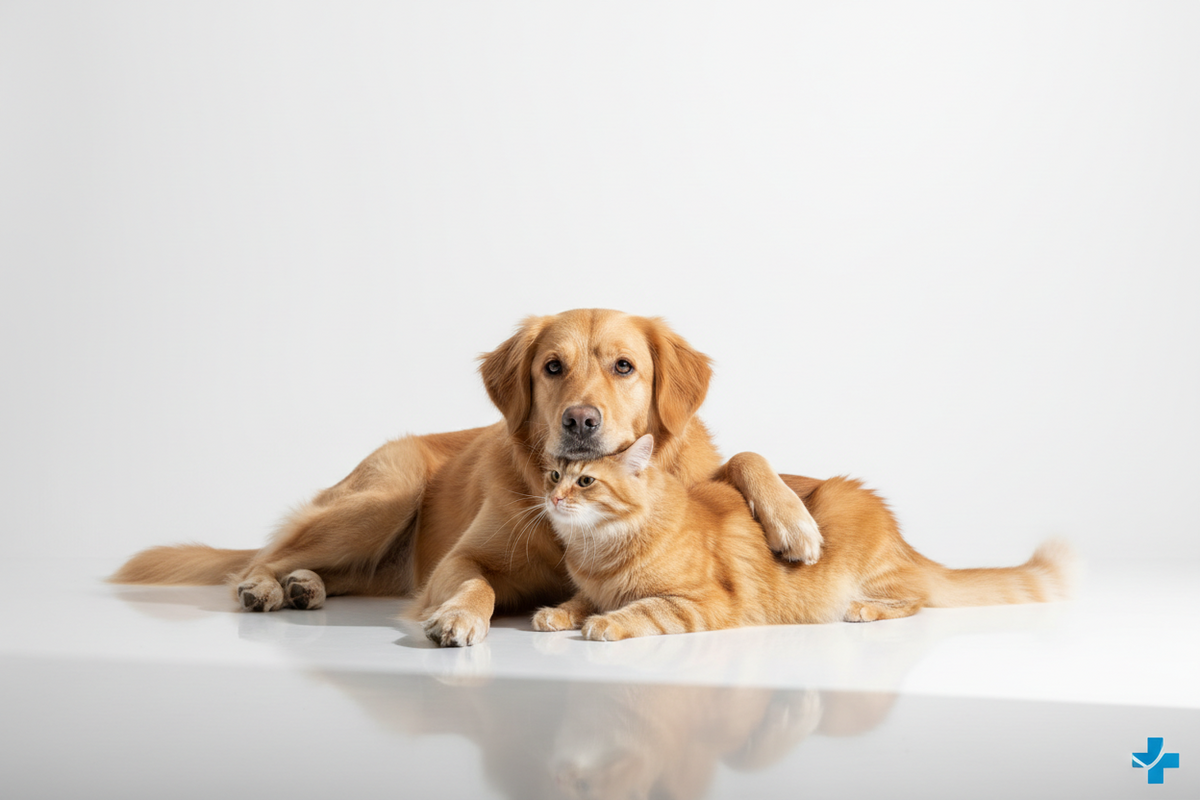 Ein Golden retriever und eine Katze liegen auf dem Boden und kuscheln