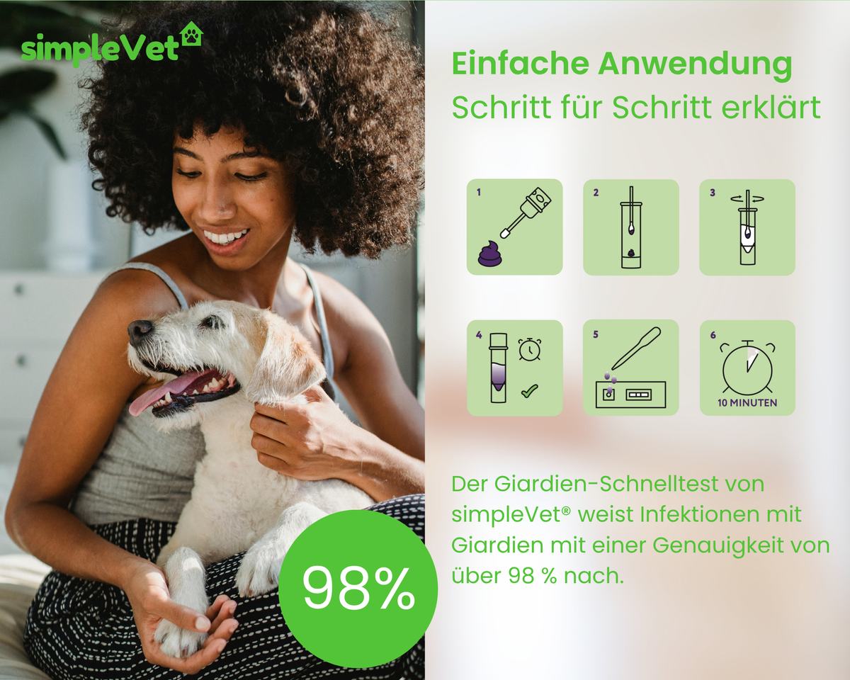 Frau mit Hund neben einer sechsteiligen Bildanleitung zur Anwendung des Giardien-Schnelltests: Probe entnehmen, in Puffer geben, schütteln, absetzen lassen, auf die Testkassette tropfen, nach 10 Minuten ablesen
