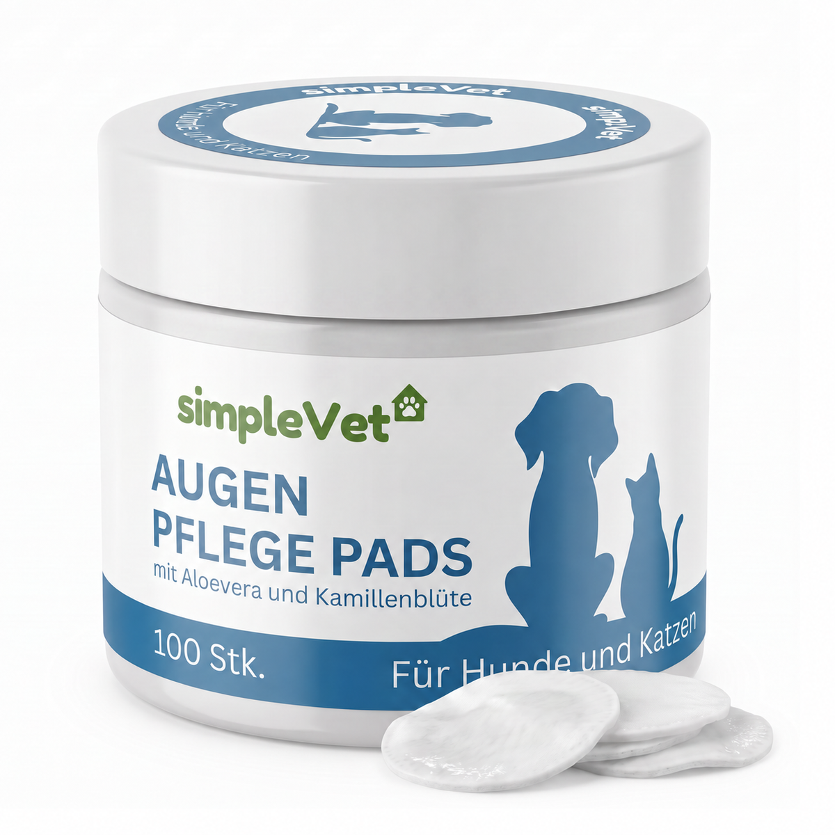 Dose simpleVet Augenpflege Pads mit Aloe Vera und Kamillenblüte für Hunde und Katzen, 100 Stück