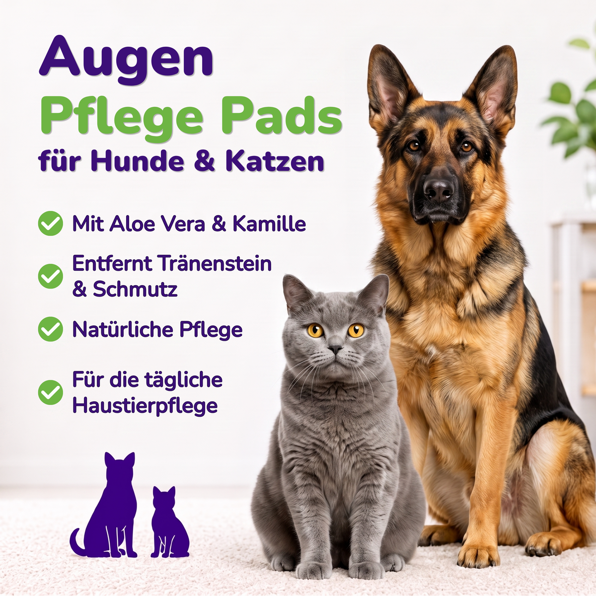 Übersicht der Produktmerkmale: mit Aloe Vera und Kamille, entfernt Tränenstein und Schmutz, natürliche Pflege, für die tägliche Haustierpflege
