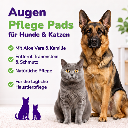 Übersicht der Produktmerkmale: mit Aloe Vera und Kamille, entfernt Tränenstein und Schmutz, natürliche Pflege, für die tägliche Haustierpflege
