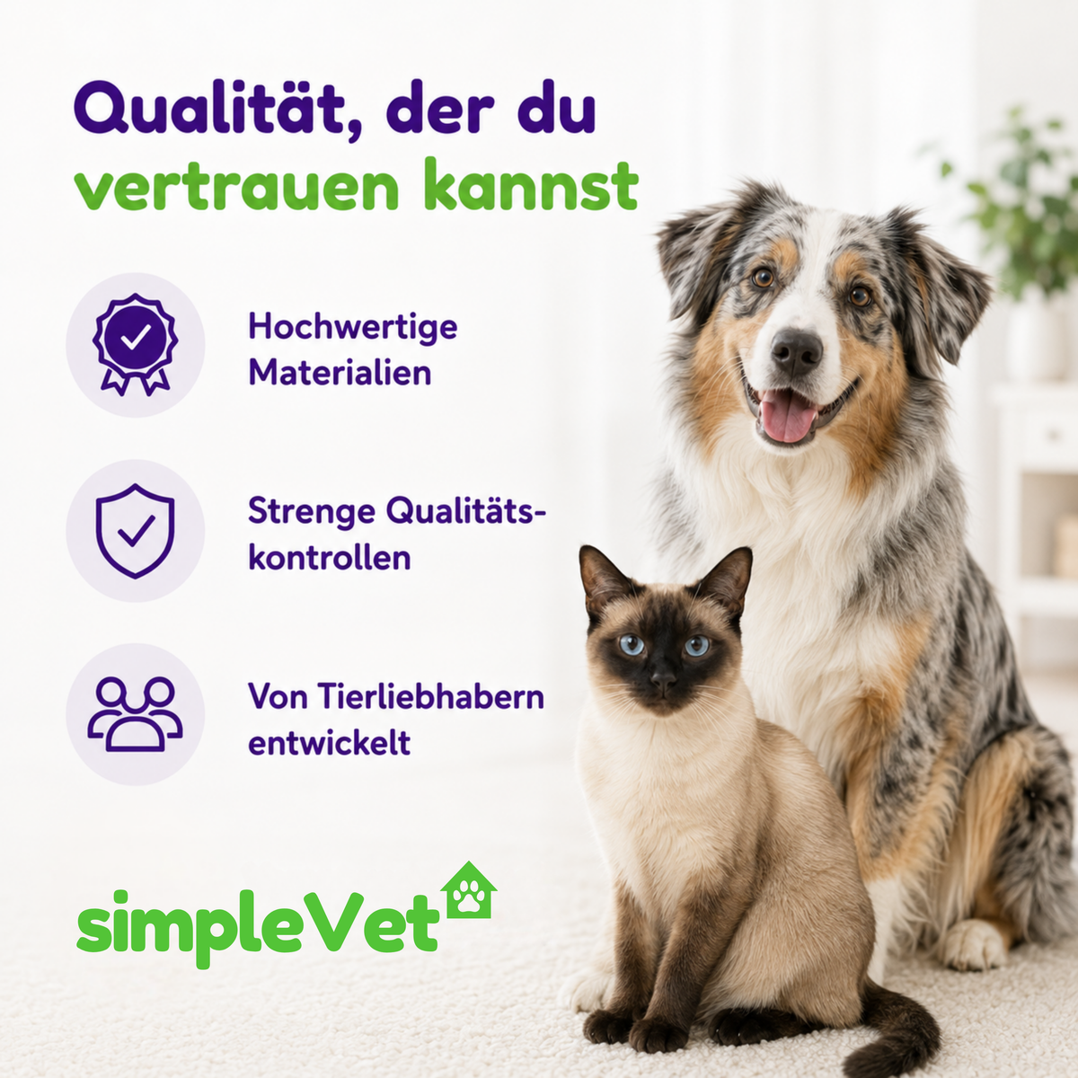 Hund und Katze nebeneinander, dazu die Hinweise auf hochwertige Materialien, strenge Qualitätskontrollen und Entwicklung durch Tierliebhaber