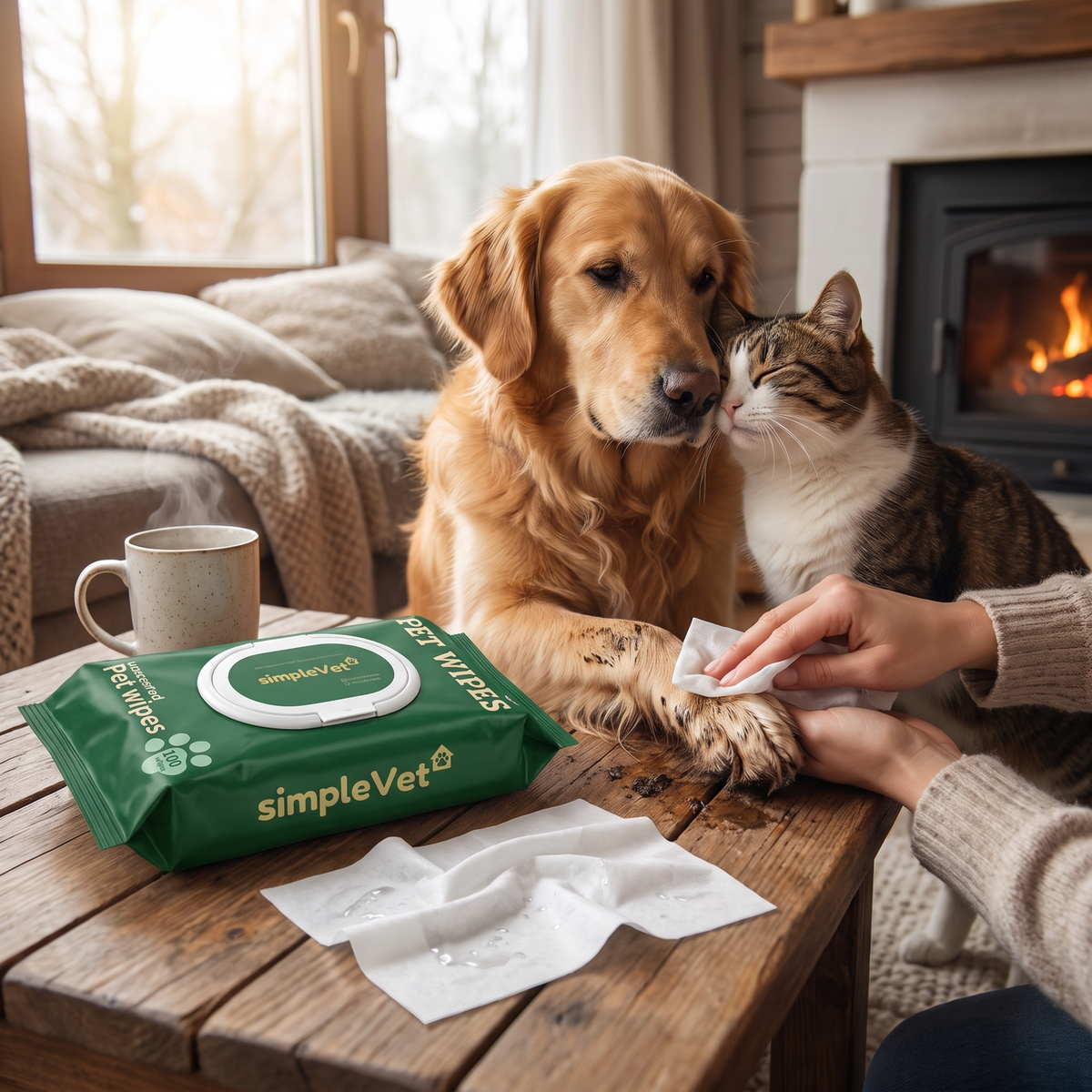 Frau reinigt am Wohnzimmertisch die Pfote eines Hundes mit einem Pet Wipe, daneben liegt die geöffnete Packung, im Hintergrund eine Katze