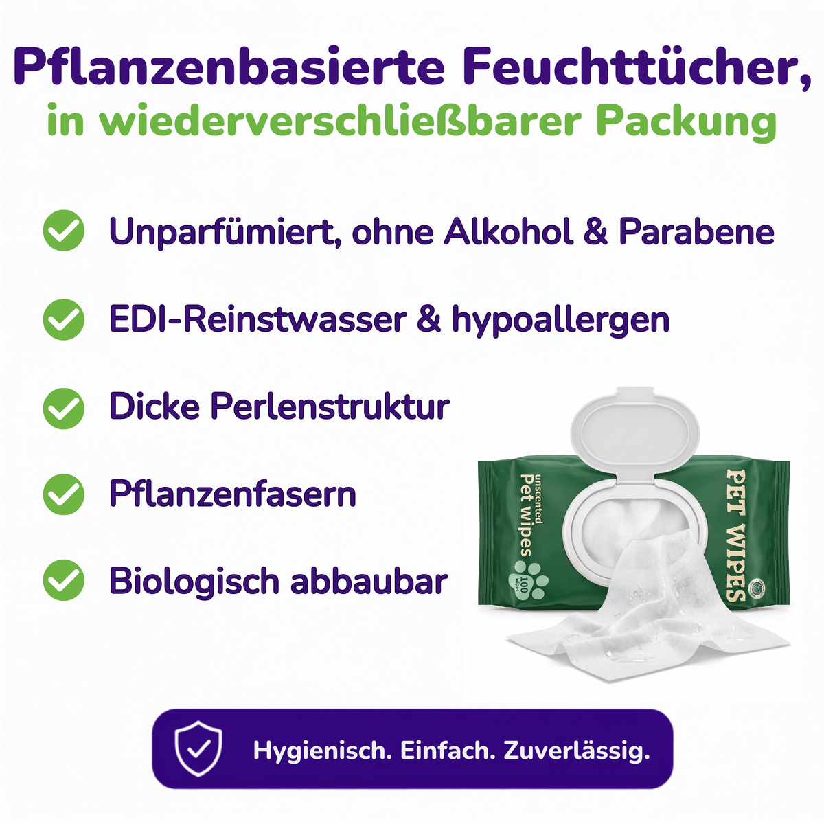 Produktmerkmale der Feuchttücher: unparfümiert, ohne Alkohol und Parabene, EDI-Reinstwasser, hypoallergen, dicke Perlenstruktur, Pflanzenfasern, biologisch abbaubar