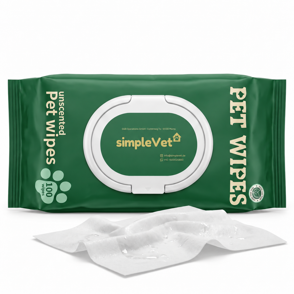 Grüne Packung simpleVet Pet Wipes, unparfümiert, 100 Tücher, mit wiederverschließbarem Deckel