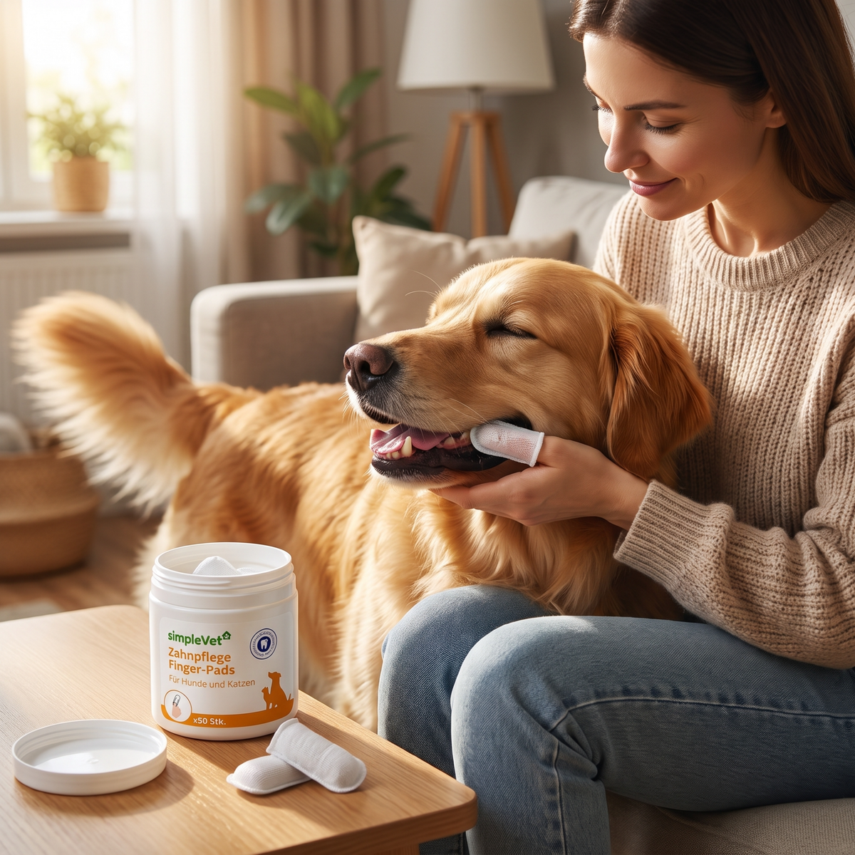 Frau reinigt mit einem übergezogenen Fingerpad die Zähne eines Golden Retrievers, auf dem Tisch die geöffnete Dose
